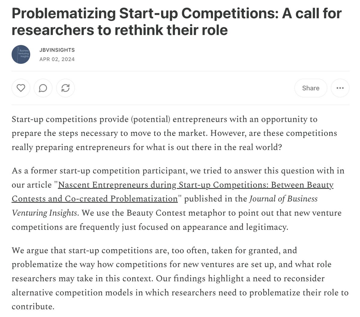 💡Latest on JBVI's Substack In this primer for practitioners, authors B. Bastian (@UniTrento) and A. Zucchella (@unipv) discuss alternative #startup competition models and the different roles researchers may take in such settings. 🔗: jbvinsights.substack.com/p/problematizi…