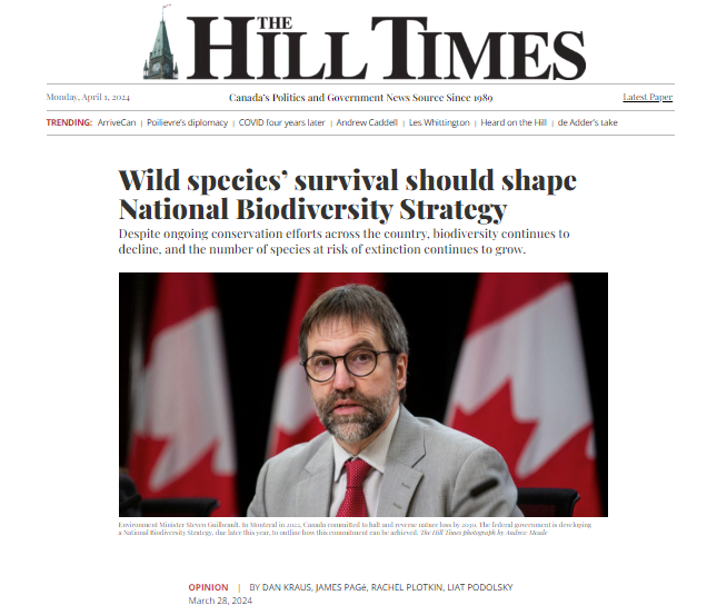 Great to work with colleagues @DavidSuzukiFDN @ecojustice_ca @CWF_FCF on this call to protect wildlife habitat: -identify & protect critical habitat -report on our progress - develop a shared national vision of habitat protection & restoration @KBACanada hilltimes.com/story/2024/03/…