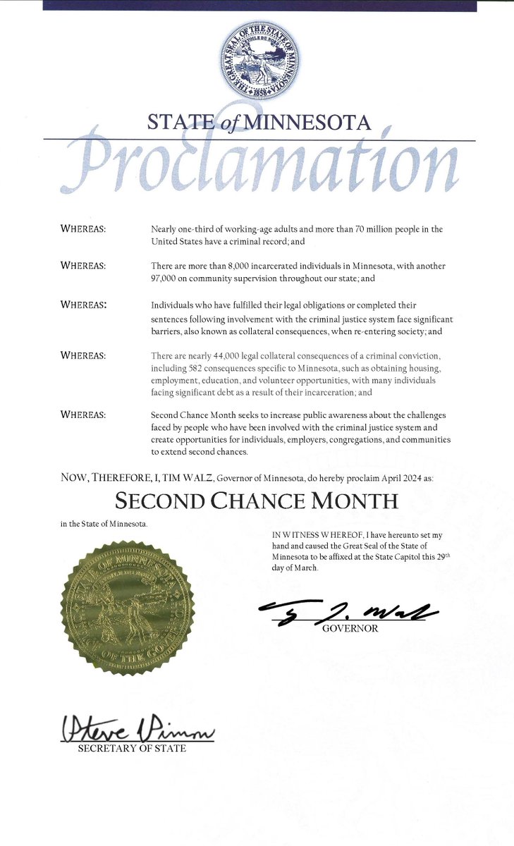 Governor Walz has issued a proclamation recognizing April as Second Chance Month in Minnesota. Visit the link to learn more about Second Chance Month: nationalreentryresourcecenter.org/events/second-…