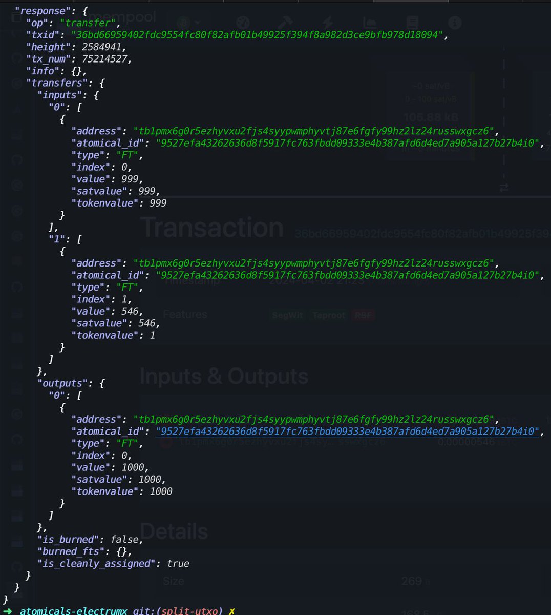 AM_shadow__'s tweet image. 这样你们有信心了吗？测试网上第一个被拆分的价值为1的atom以及合并。