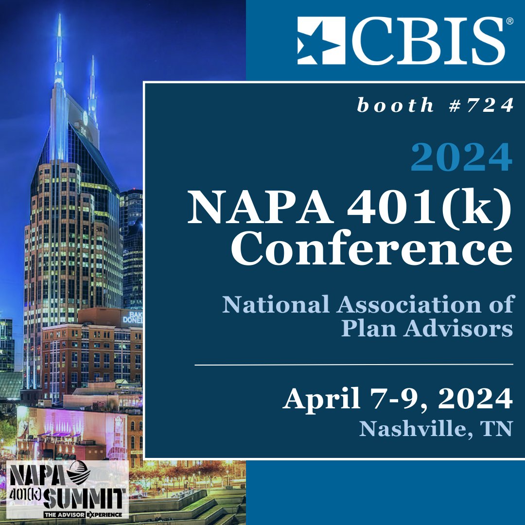 CBIS team members Michael Jackson, C(k)P, AIFA, CPFA, Michael Bell, CFA, Sarah McClain, Chat Cowherd, Jay Boothby and Chela Mitchell will be attending and exhibiting at the upcoming NAPA 401(k) Summit April 7-9 in Nashville, TN. Stop by booth 724 to say hello! #NAPA401kSummit