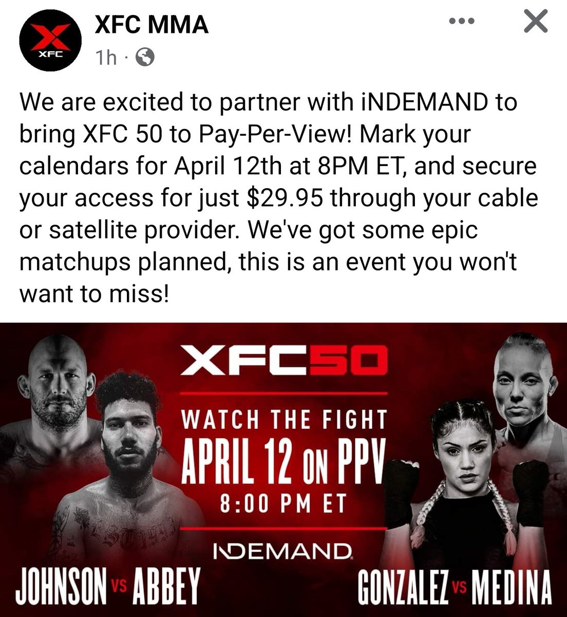 Extremely disappointing to see the XFC offering this card on ppv. The company doesn't have a very good relationship with fighters and fans right now, and charging $30 for #XFC50 just doesn't sit right. #mma