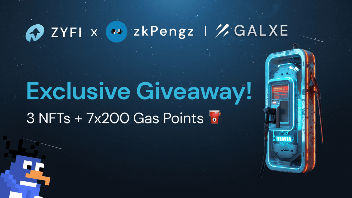 Try to win an Exclusive Giveaway! (Free NFTs + Gas Points)

✅ Follow <a href="/Zyfi_org/">Zyfi ⬆️</a> and <a href="/zkPengz/">zkPengz 🐧 onChain</a> on Twitter
✅ Like &amp; retweet this tweet and the zkPengz tweet
✅ Swap on Zyfi without ETH as gas

Grab your chance to win here 👉 galxe.com/zyfi/campaign/…

By completing all these tasks,