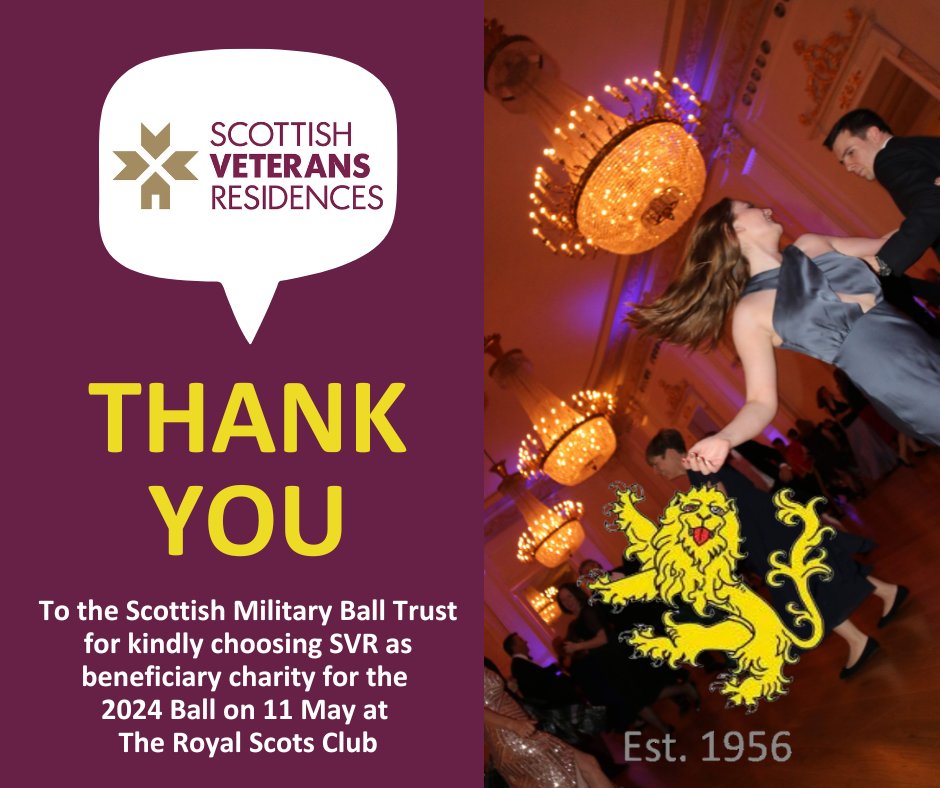 We are delighted and grateful that SVR has been chosen by The Scottish Military Ball Trust as the beneficiary charity of the 2024 Ball: which takes place on 11 May at The Royal Scots Club in Edinburgh.🕺💃 Ticket details here: scottishmilitaryball.org/order-tickets