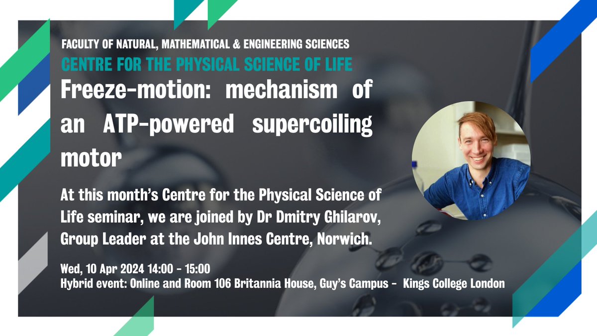 Come and join us for the next Centre for the Physical Science of Life seminar with Dr Dmitry Ghilarov!    

To register, click here👉eventbrite.co.uk/e/freeze-motio…

Wed, 10th April 2024, 14:00-15:00, Room 106 Britannia House OR Online