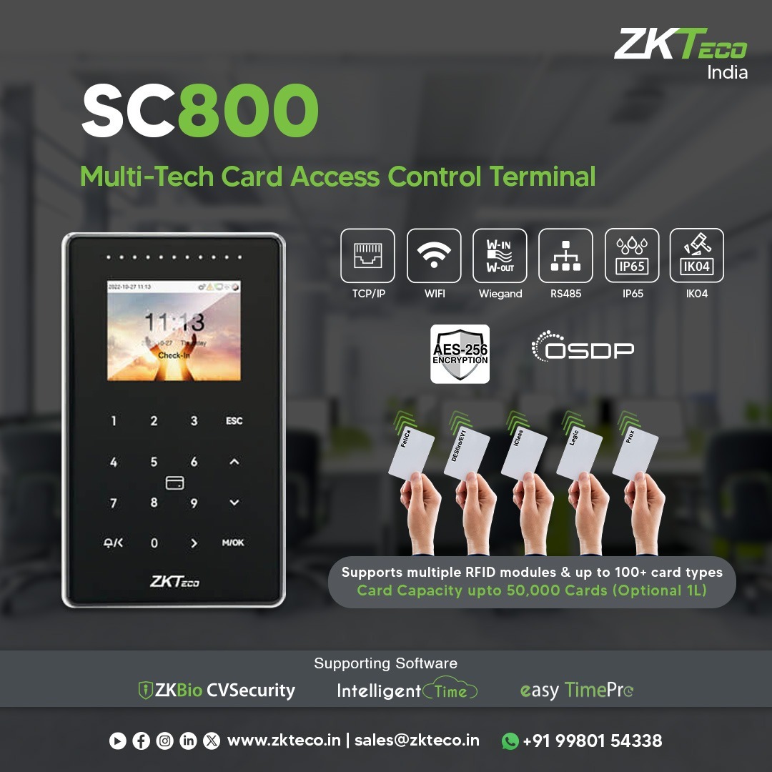zk_india's tweet image. Built tough, the #SC800 Multi-Tech #CardAccess Control Terminal is your ultimate choice with IP65 and IK04 standards, ensuring robust protection for both premises and the device.

More info @ zkteco.in/access-control…

Mail: sales@zkteco.in
WhatsApp: +91 9980154338

#ZKTeco #RFID
