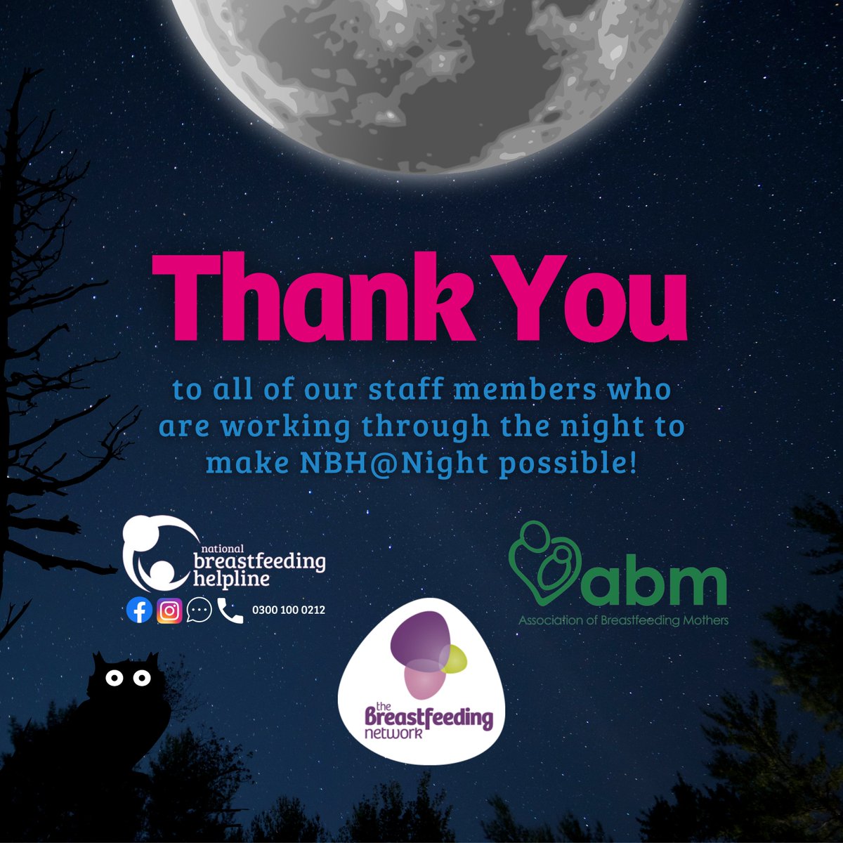 It's been a week since NBH@Night launched! So we thought we'd take the time to thank everyone who was involved in the planning/launch and our amazing staff members who are now working through the night to make this all possible 💜 @BFN_UK @AssocBfMothers #NBHAtNight #ThankYou