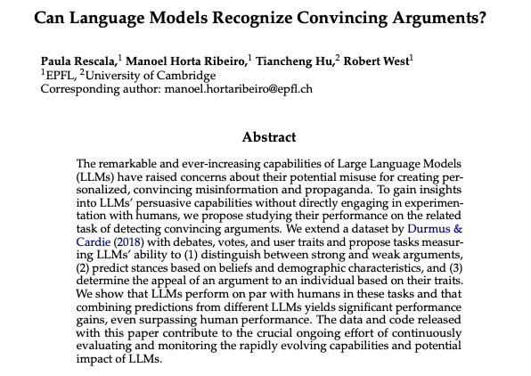 Can large language models (LLMs) recognize convincing arguments? Kind of. 😅 We propose evaluating LLMs' persuasiveness capabilities by measuring their ability to recognize whether an argument would convince a user with specific demographics. 📜 arxiv.org/abs/2404.00750