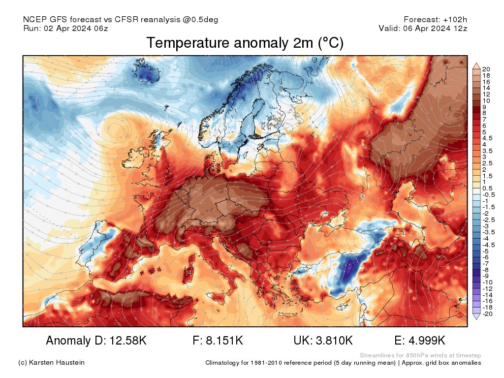 1/ Mit einer kräftigen südwestlichen Höhenströmung gelangen am kommenden Samstag (6.4.2024) ungewöhnlich warme Luftmassen nach Mitteleuropa. Z.t. beträgt die Temperaturabweichung in etwa 1500 m Höhe (850 hPa) über 15 K (!). Neue Temperaturrekorde für die Jahreszeit sind möglich.