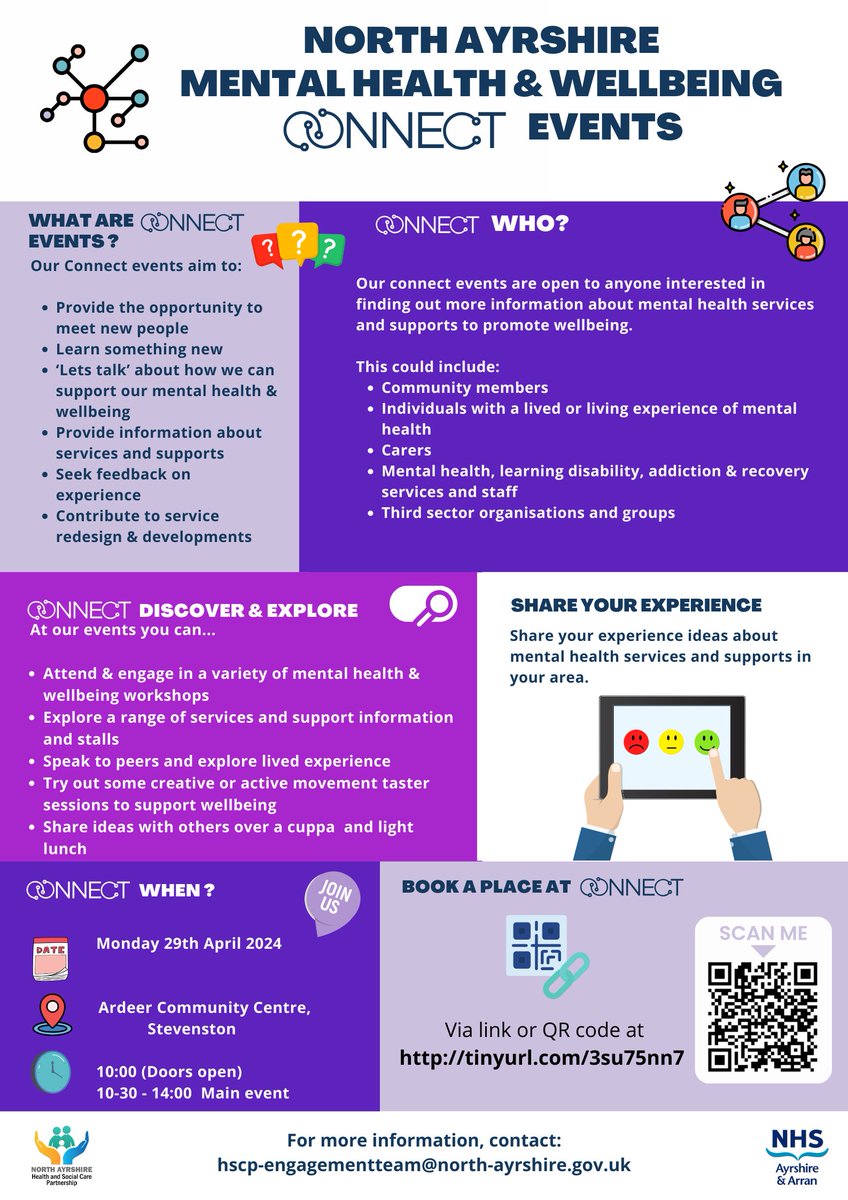 Are you interested in finding out more about the mental health and wellbeing supports in your community? Why not join us at our Connect event on Monday 29 April at Ardeer Community Centre. Find out more, including how to book your place, at tinyurl.com/2hs3rypn