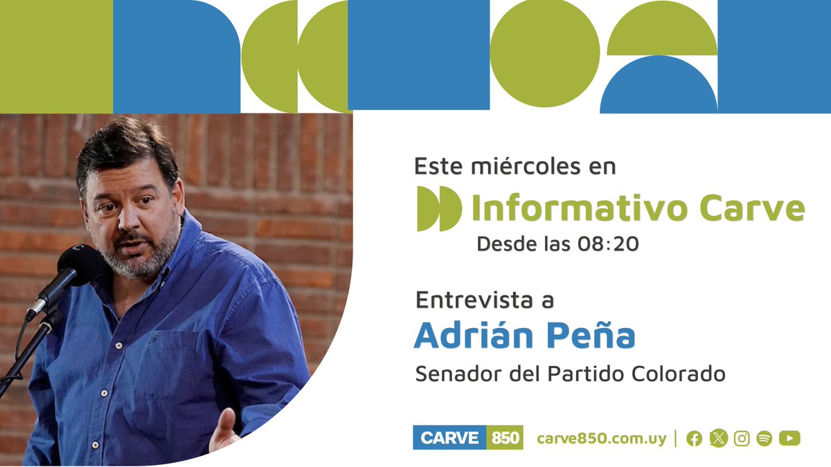 🎙 #Miércoles | Entrevista a Adrián Peña (<a href="/adrianbatllista/">Adrián Peña Robaina</a>), senador del Partido Colorado, en <a href="/InformaCarve850/">Informativo Carve</a> 

📻 850 AM | 104.3 FM | 101.5 FM en Punta del Este
🔊 carve850.com.uy/radio
📲 <a href="/carve850/">Radio Carve 850 AM</a>