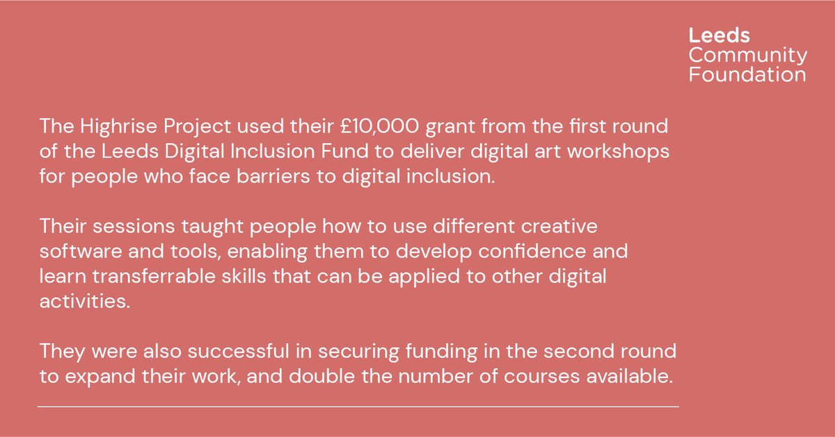 Leeds Community Foundation (@leedscommfound) on Twitter photo Thanks to our partnership with <a href="/BallLeeds/">Leeds Digital Ball</a> and <a href="/100DigitalLeeds/">100% Digital Leeds</a>, we can fund brilliant organisations like <a href="/leedshighrise/">The Highrise Project CIC</a> through the Leeds Digital Inclusion Fund ๐ Thanks to our partnership with <a href="/BallLeeds/">Leeds Digital Ball</a> and <a href="/100DigitalLeeds/">100% Digital Leeds</a>, we can fund brilliant organisations like <a href="/leedshighrise/">The Highrise Project CIC</a> through the Leeds Digital Inclusion Fund ๐