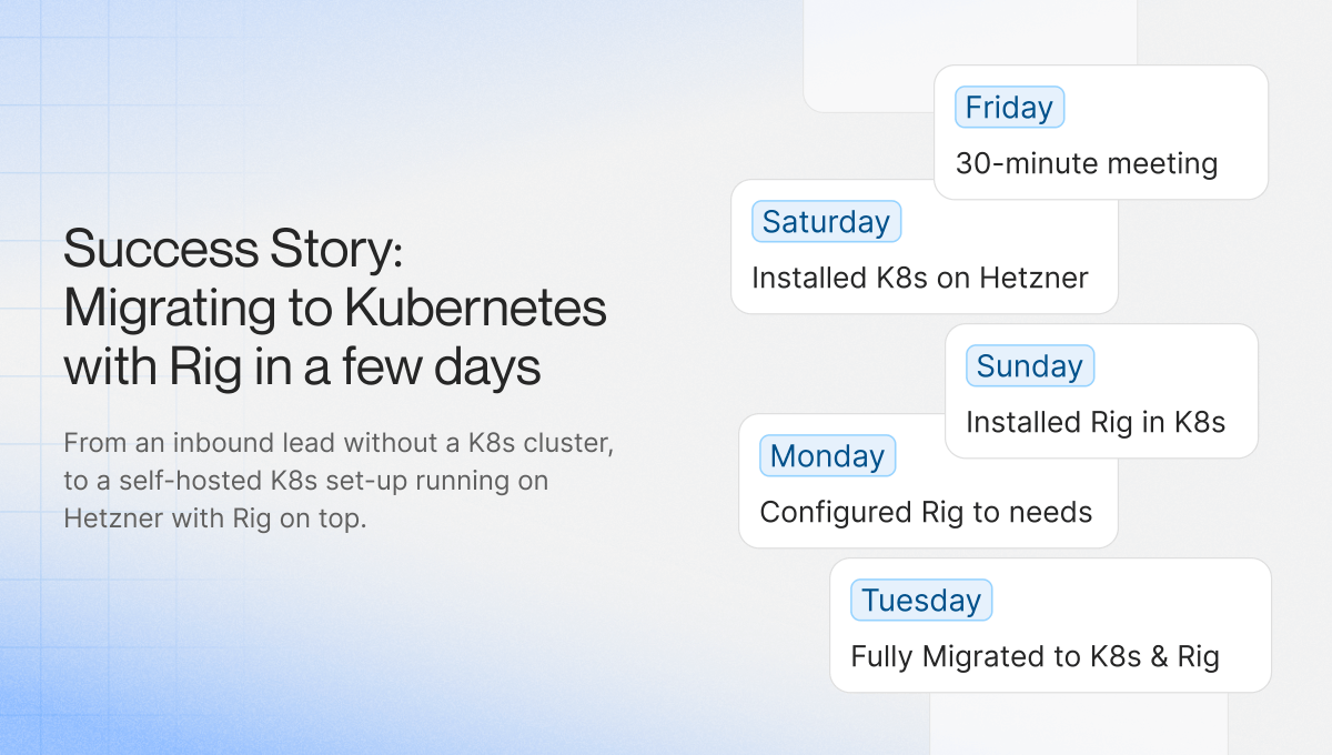 Rig_dev's tweet photo. Thinking about migrating to Kubernetes? It might seem like a massive undertaking, but trust us — it's simpler than you think!

We recently got an inbound lead from a company looking to migrate to Kubernetes and wanted to evaluate Rig for their new self-hosted Kubernetes set-up on Hetzner using Rig.

We jumped on an intro call with them Friday, and they worked on setting up their Kubernetes clusters over the weekend. A few days later, they were fully migrated to Kubernetes and running in production using Rig.

If you're thinking about migrating to Kubernetes but are hesitant due to the complexity, we would love to have a chat and hopefully make it a more manageable project to embark on ⚡️