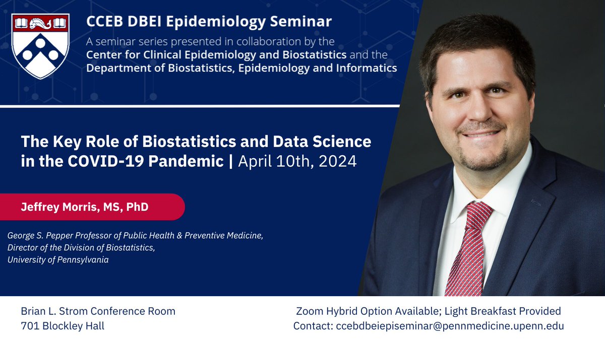 Next Wednesday, 4/10, please join us for a light breakfast and a hybrid CCEB & DBEI seminar with Jeffrey Morris, MS, PhD. Zoom access: ccebdbeiepiseminar@pennmedicine.upenn.edu Seminar files: bit.ly/3ZLEUbg 2024 schedule: bit.ly/4bsYHTe