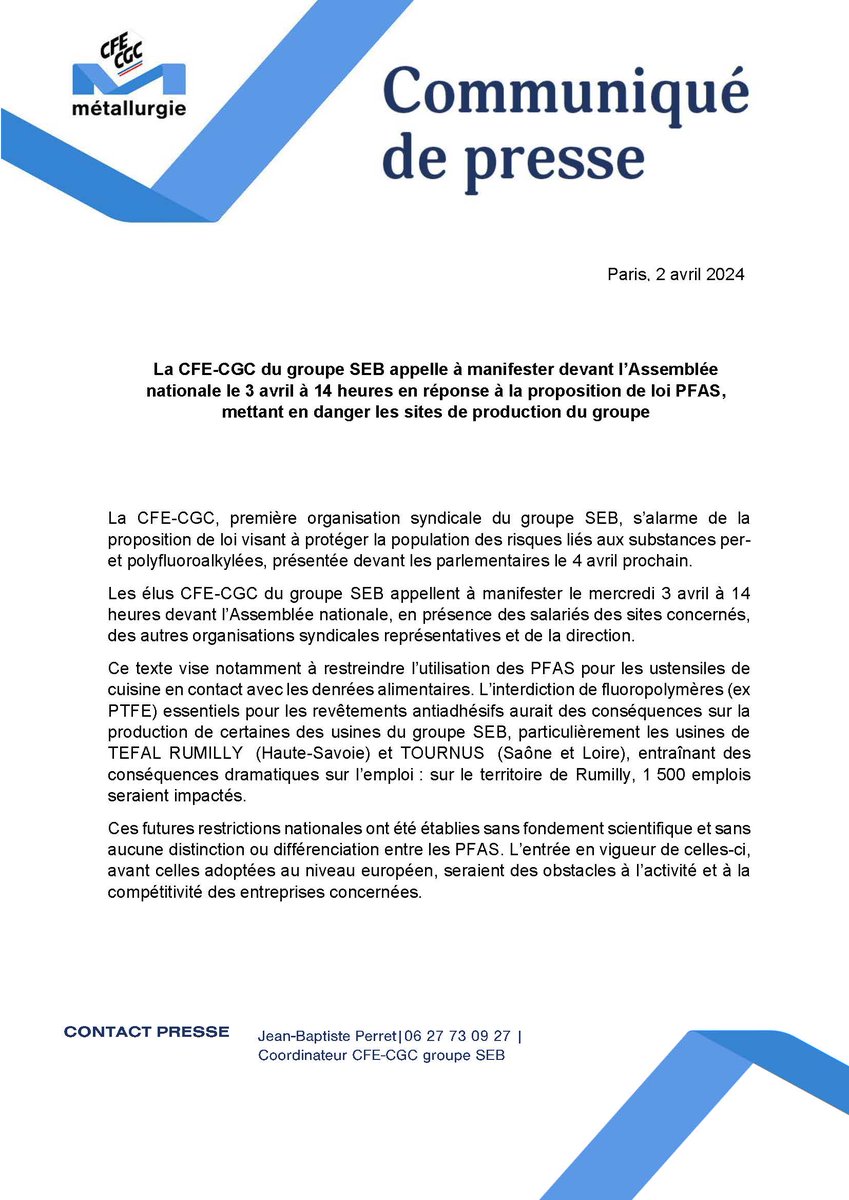 Les élus #CFECGC du groupe #SEB appellent à manifester pour contrer la proposition de loi PFAS,
le 3 avril 14 heures 
devant l'Assemblée nationale 
Le communiqué de presse est à lire ici