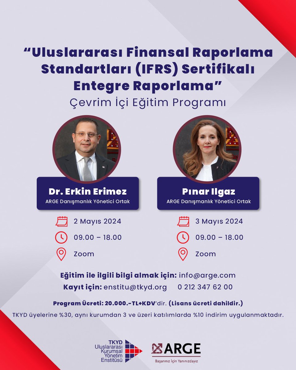Çevrim içi eğitimlerimiz tüm hızıyla devam ediyor!

TKYD Enstitü olarak ARGE Danışmanlık iş birliği ile düzenlediğimiz “Uluslararası Finansal Raporlama Standartları (IFRS) Sertifikalı Entegre Raporlama” çevrim içi eğitim programımız, 2-3 Mayıs tarihleri arasında gerçekleşecek.