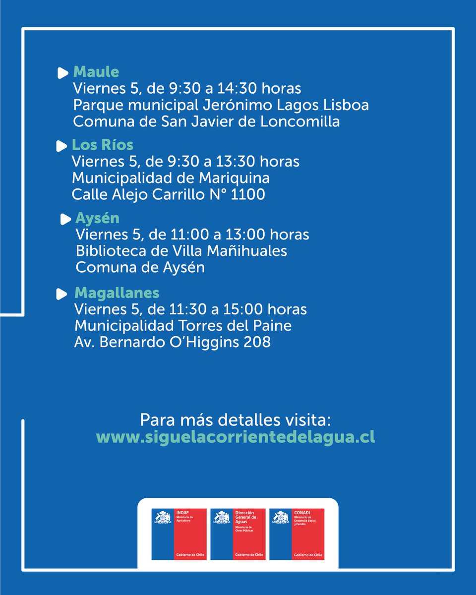 Equipos DGA estarán desplegados desde Putre en la Región de Arica y Parinacota hasta Cerro Castillo en la Región de Magallanes para orientar a usuarias y usuarios de aguas sobre los trámites a realizar para tener los derechos de aprovechamiento de aguas en regla. #AguaEnRegla