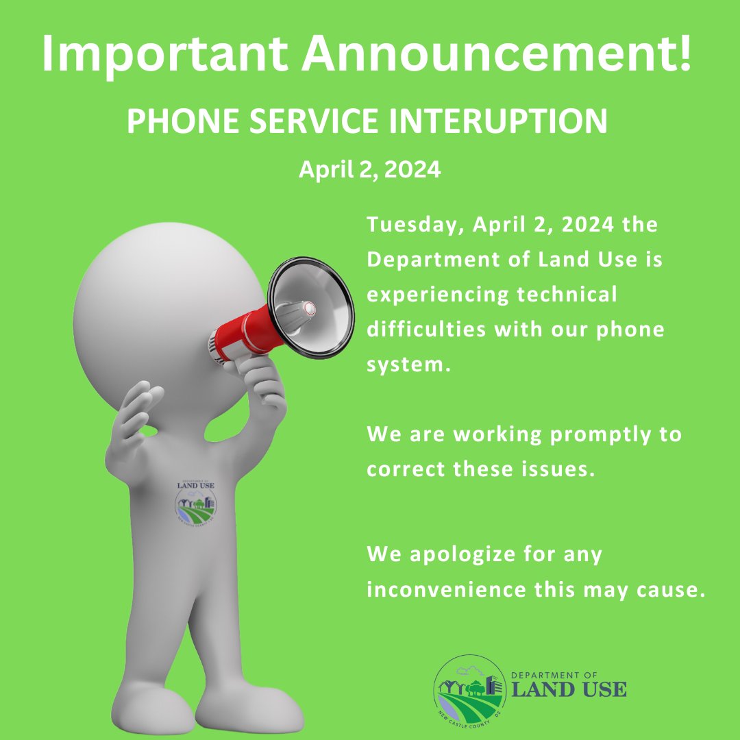 Tuesday, April 2, 2024 the Department of Land Use is experiencing technical difficulties with our phone system. We are working promptly to correct these issues. For urgent matter please email the division's general mailbox which can be found on our website newcastlede.gov/2420/Land-Use