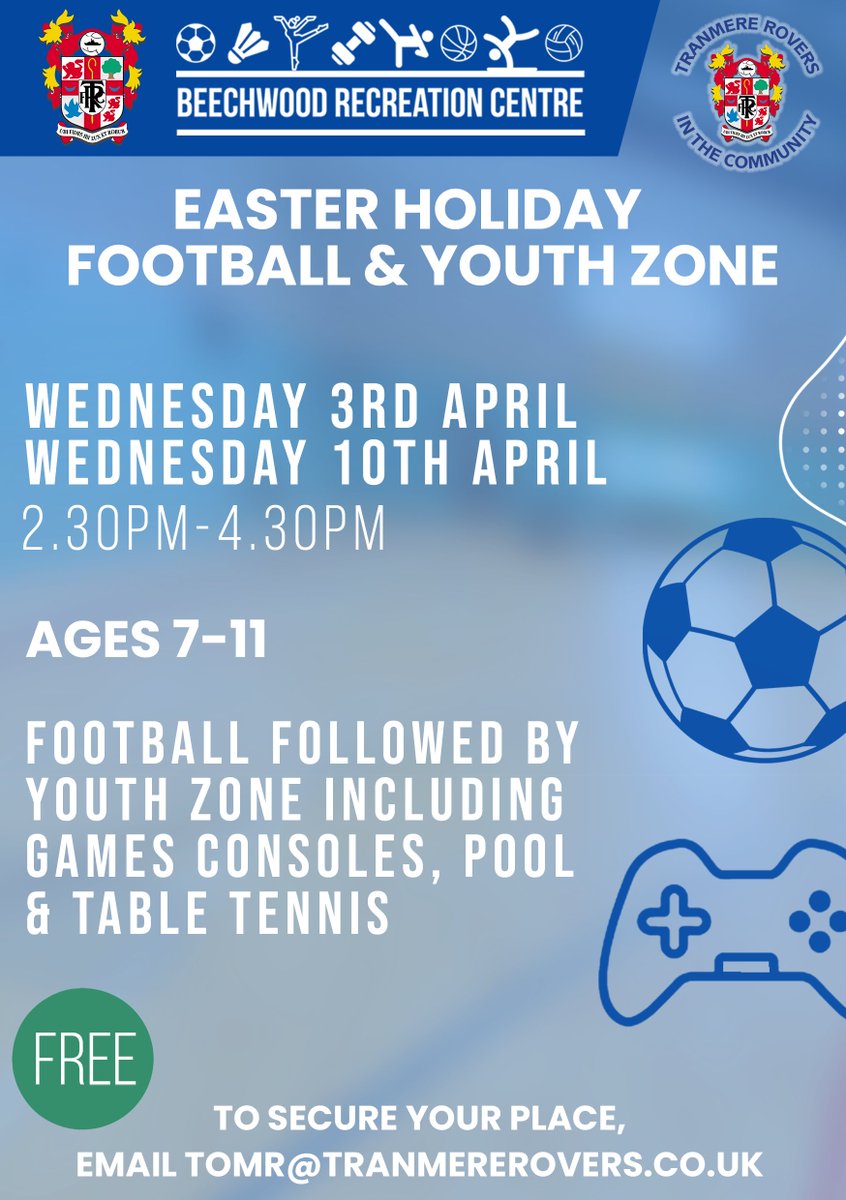 ⚽️ Remember to book your child's place (ages 7-11) on our FREE Easter Holiday Football & Youth Zone at @TRFCBeechwood this and next Wednesday from 2.30-4.30pm. 📧 Email TomR@tranmererovers.co.uk. #TRFC #SWA