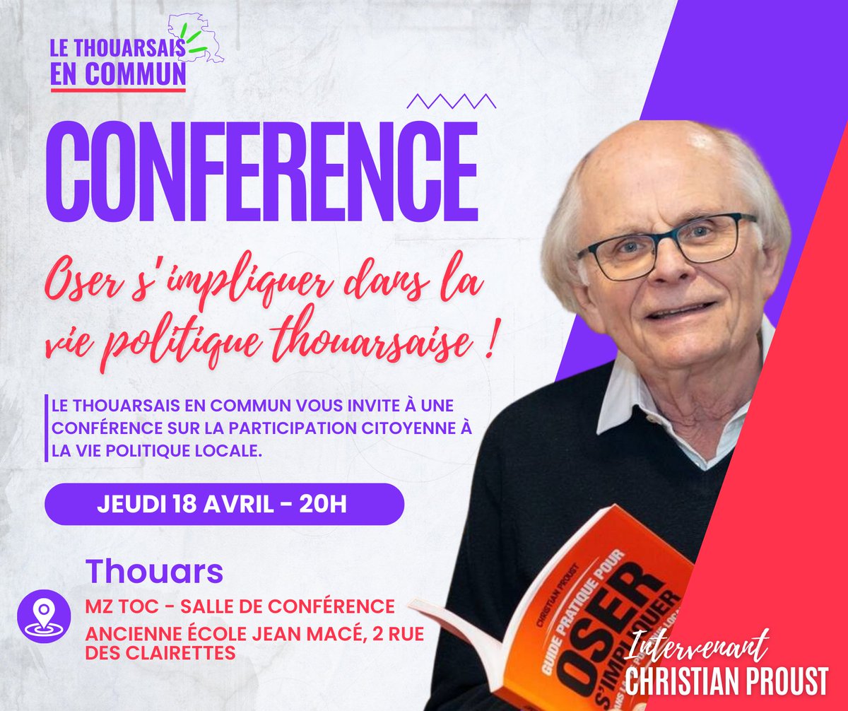 ⚡️REUNION PUBLIQUE ⚡️

🗓 Jeudi 18 avril 2024 à 20h00, à la salle de conférence de la MZ Toc - Ancienne école Jean Macé, 2 Rue des Clairettes, Thouars. 🏫

🌟 Intervenant : Christian Proust 🌟
🔍 Thème : Oser s'impliquer dans la vie politique locale !

#ThouarsaisEnCommun