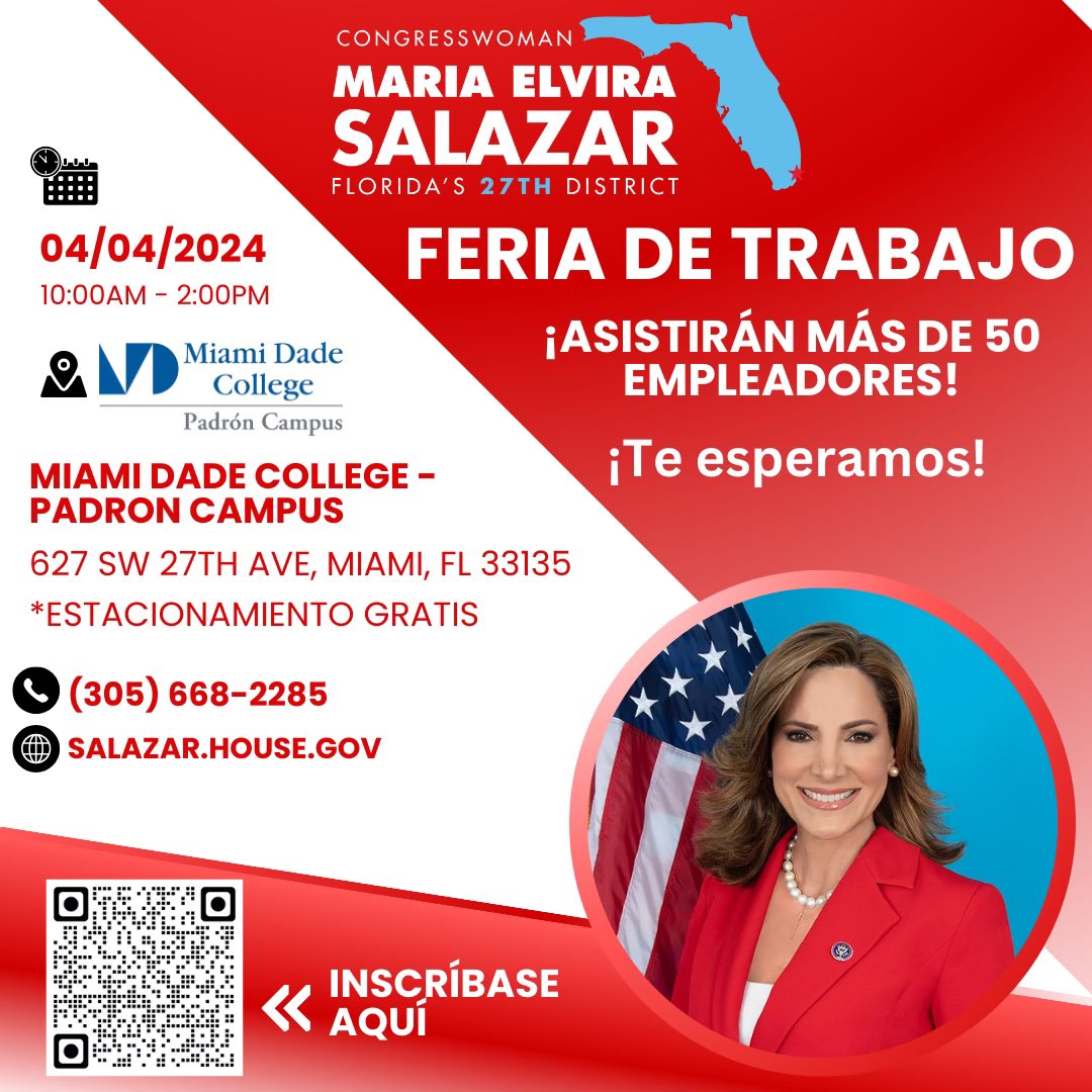 RECORDATORIO: Mi oficina organiza una Feria de Empleo el jueves 4 de abril de 10AM a 2PM en el @MDCollege Padrón Campus. Más de 50 empleadores estarán allí para responder preguntas sobre ofertas de trabajo. ¡Llame al (305) 668-2285 para más información! Regístrate aquí ⬇️…