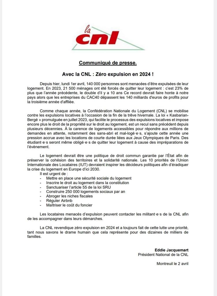 La_CNL's tweet photo. Le 31 mars a marqué la fin de la trêve hivernale mais pour la #CNL, la justice sociale c'est faire vivre le #0expulsion toute l'année. Ensemble pour défendre l'accès de tous-tes au logement. La declaration d'@EddieJacquemart
⬇️ https://t.co/QdMTgbocwS