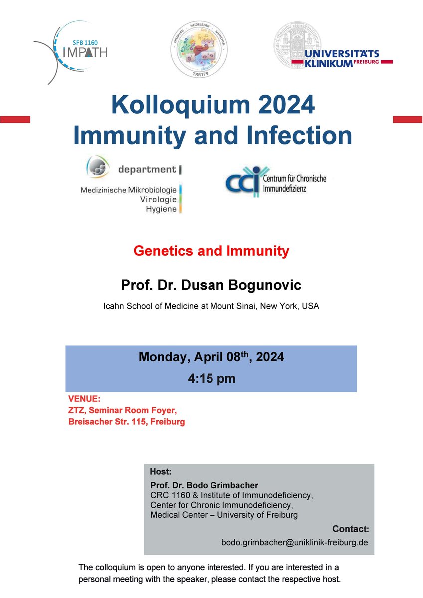 ‼️ Don't miss the next Immunity & Infection #seminar on Monday, April 8, 2024 with Prof. Dr. Dusan Bogunovic