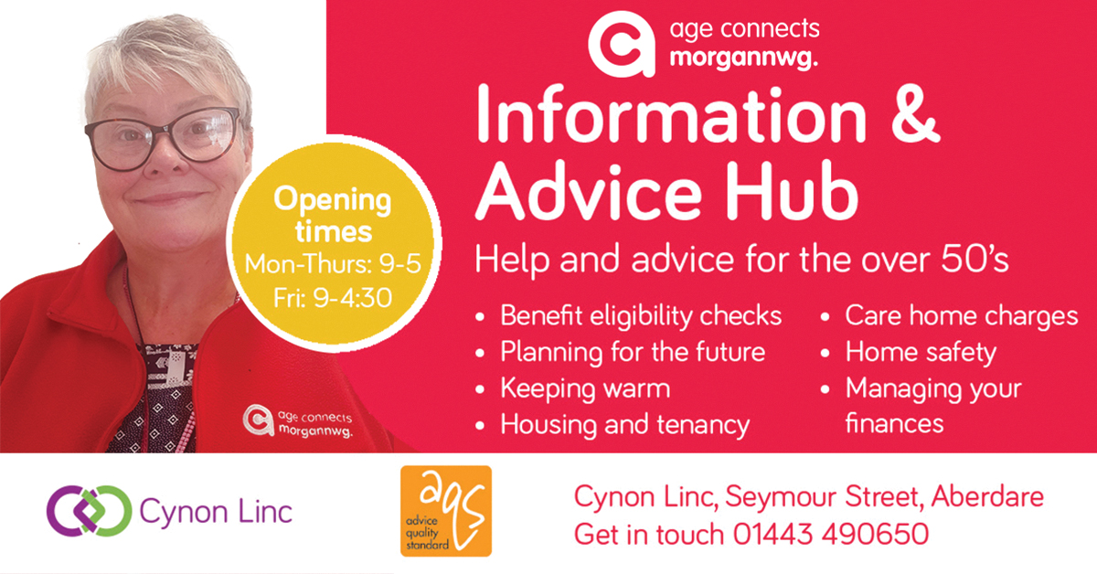 Our over 50s Info & Advice Hub at Cynon Linc is open Monday-Friday. Pop in and see Fleur and the team for practical advice and support. Call 01443 490650 for more details. #over50 #aberdare #advice