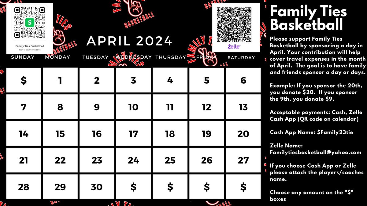 Please support Family Ties by sponsoring a day in April. Your contribution will help cover travel expenses in April. The goal is to have family and friends sponsor a day or days. Ex: If you sponsor the 20th, you donate $20. '$' Donate any amount.