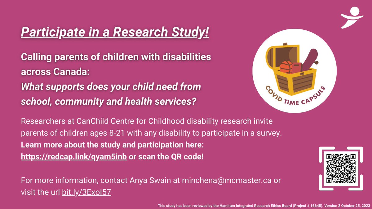 Covid Time Capsule Research Study: Are you a parent of a child/youth between 8-21 with a #disability? We invite you to participate in a survey about your experiences during #COVID and ideas for improving health and education services and supports. redcap.link/qyam5inb