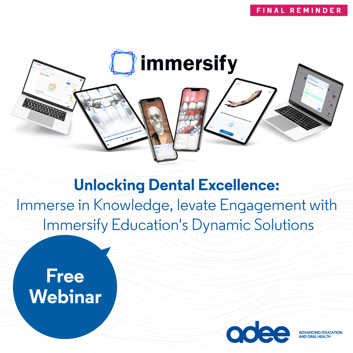 📢Last chance to register: Tomorrow, wednesday 3rd April at 15:00, join us and @immersify_ed in the free Webinar: Revolutionizing Dental Education 'Immersify's Impact on Student Engagement'. Register here: us02web.zoom.us/webinar/regist… #Adee #Immersify #freewebinar