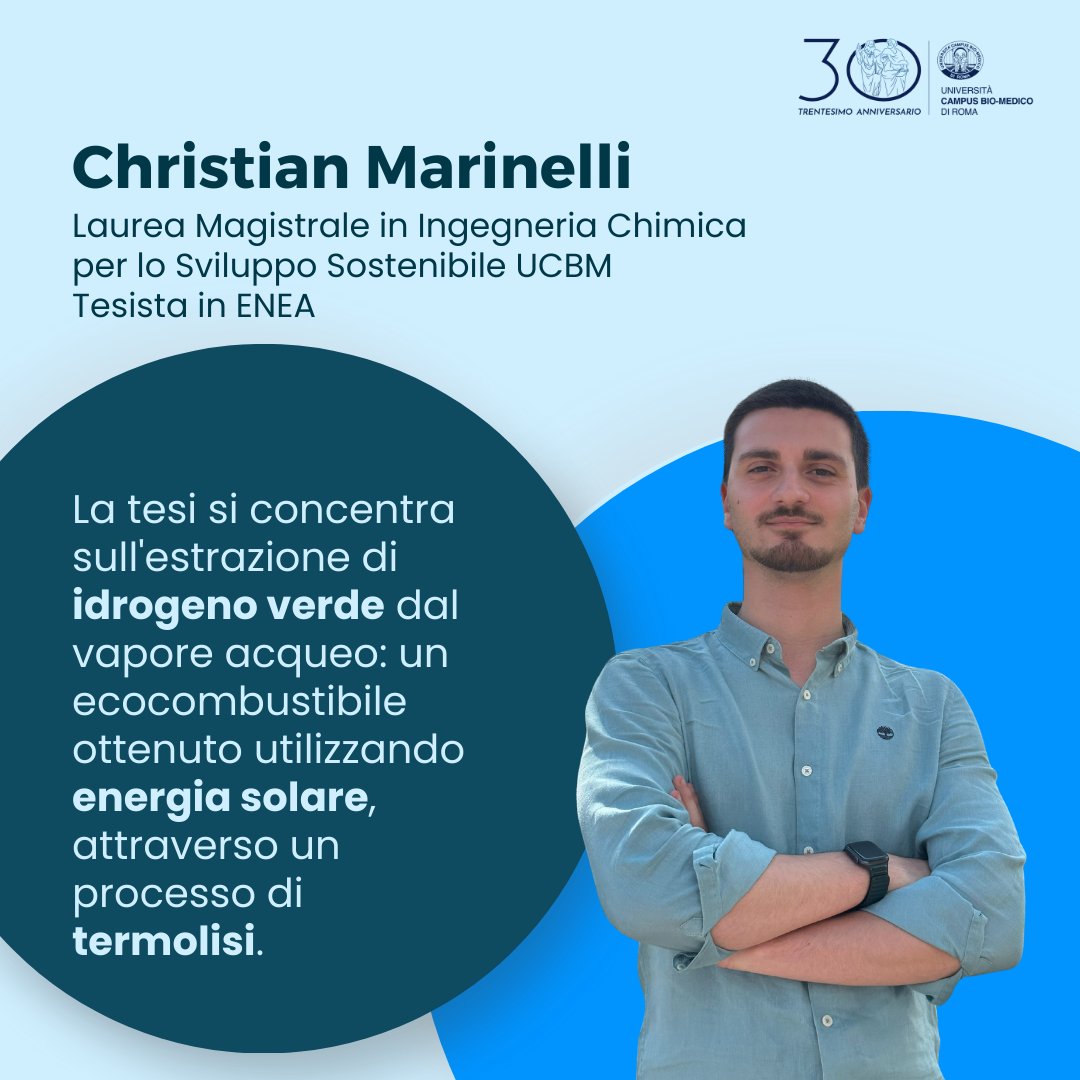 Combustibile sostenibile per favorire la transizione energetica. Questa la tesi che Christian Marinelli, neolaureato magistrale #UCBM, ha condotto presso il centro @ENEA: l'estrazione di idrogeno dall'acqua tramite #termolisi, grazie all'energia solare.