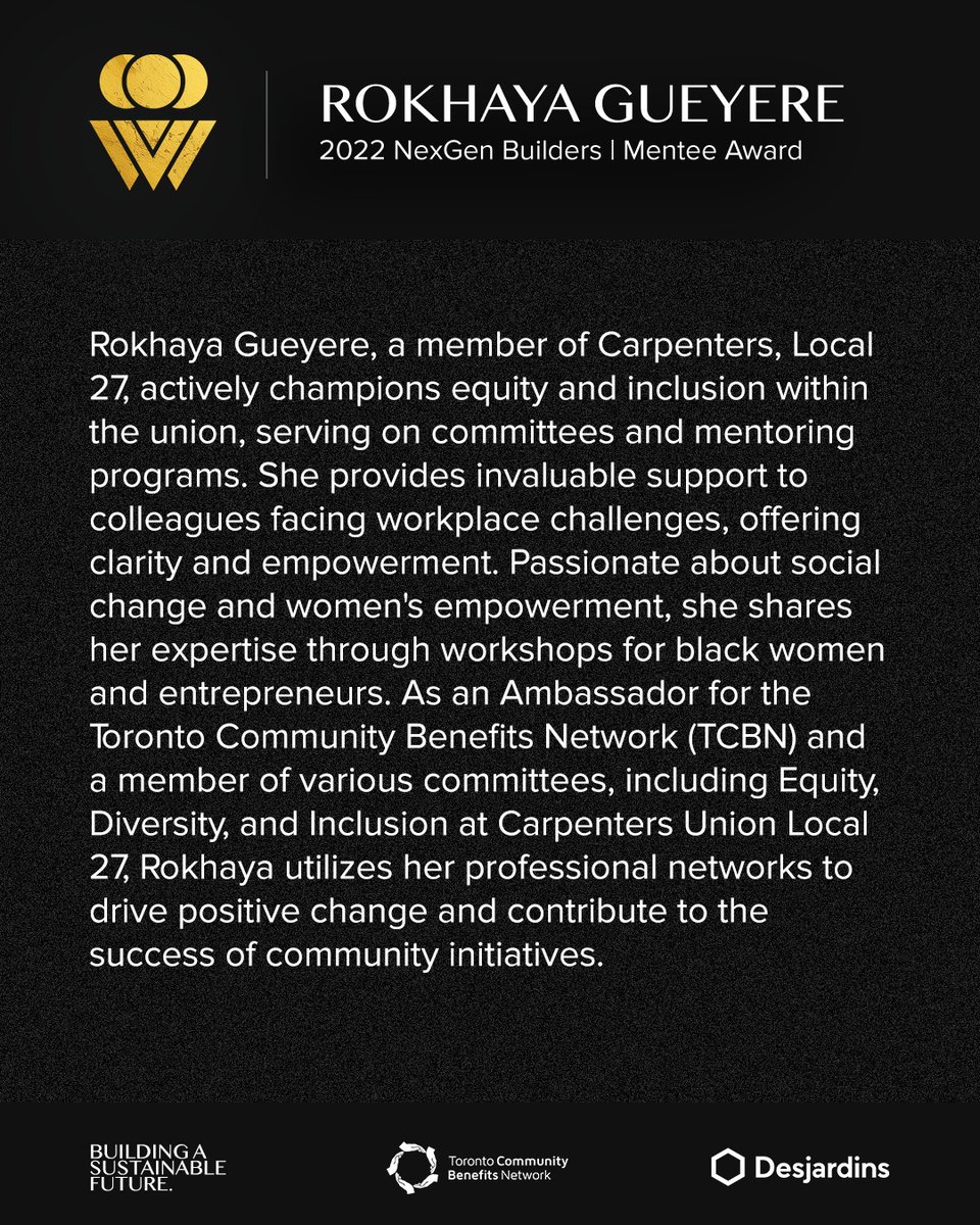 Rokhaya Gueyere is the recipient of the 2022 Nexgen Builders Mentee Award Nominate for the 2024 Building Diversity Awards by April 30. To learn more, please visit - buildingdiversity.ca/honourees/rokh… #BuildingDiversityAwards2024 #diversityandinclusion #CommunityBenefits