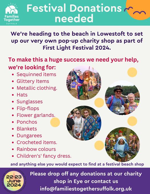 Help us make our pop-up charity shop a success by donating your festival essentials. From funky outfits to must-have accessories, your donations will make a difference! Let's spread the joy and good vibes together. #FirstLightFestival #CharityShop #DonateForACause'