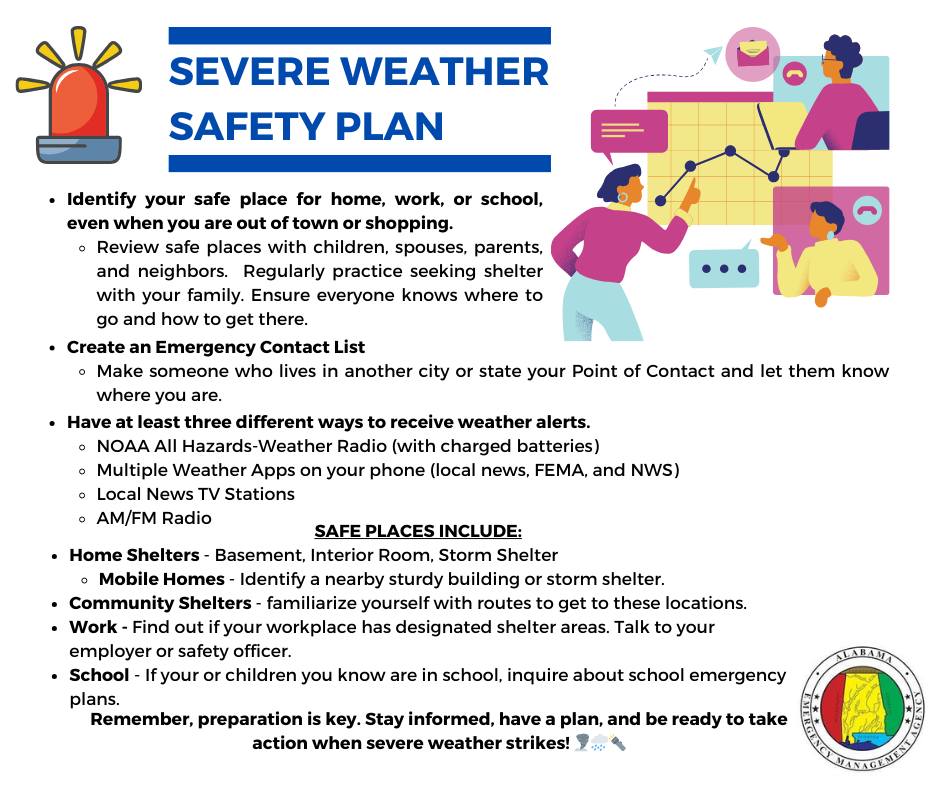 Information about the severe weather forecast can be viewed at ema.alabama.gov. But now is the time to prepare for what is to come today and future events. If you haven't already, now is a great time to review your severe weather safety and communications plan.