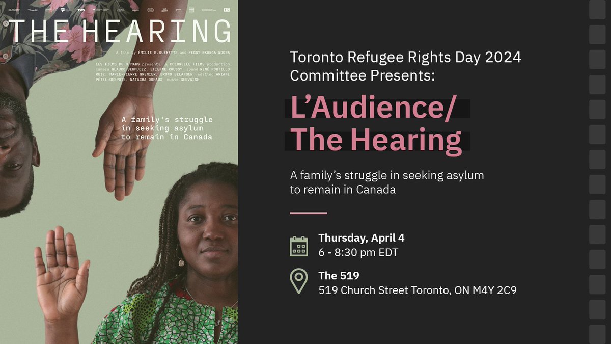 Refugee Rights Day film screening in Toronto, April 4 - 6-8:30 pm: 'THE HEARING'. Panel discussion moderated by Debbie Douglas @OCASI_Policy Register for your free ticket 👉 bit.ly/3TUEKOe Iftar, refreshments, community and good vibes! @ccrweb @CARLadvocates @CRSYorkU