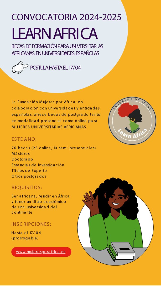 Convocatoria Learn África 2024, el programa de becas de postgrado para estudiantes africanas por excelencia. El plazo para solicitar una beca estará abierto hasta el 17 de abril de 2024.
Para más información: mujeresporafrica.es/programa-learn…
<a href="/AECID_es/">AECID</a> <a href="/CooperacionESP/">Cooperación Española</a> <a href="/ifmalabo/">Institut français de Guinée équatoriale</a> <a href="/AhoraEg/">AHORAEG</a>