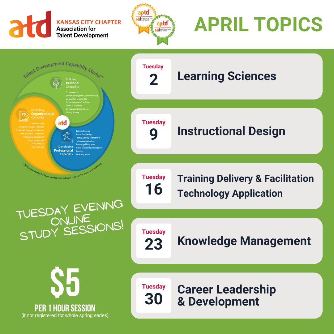 #learningsciences
#instructionaldesign
#trainingdelivery
#trainingfacilitation
#technologyapplication
#knowledgemanagement
#careerleadership
#careerdevelopment

Need to brush up on some Talent Development topics? Join our CPTD/APTD Spring 2024 Study Group for just a session!