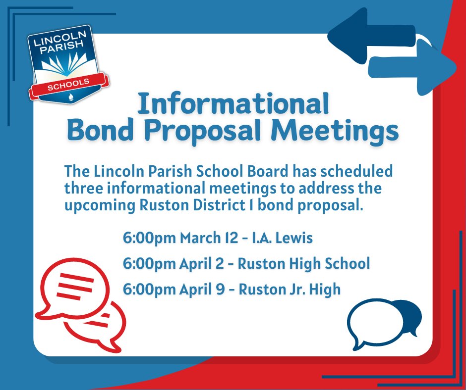 Do you have questions about the upcoming Ruston District 1 bond proposal? Join us tonight for the second of three bond proposal informational meetings at 6pm at Ruston High. If you're unable to attend tonight, we will have a third meeting on April 9th at Ruston Junior High!