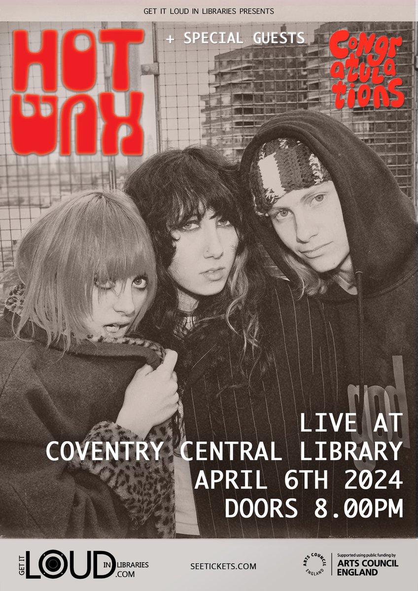 Low ticket warning Coventry dudes for @hotwaxbandd this coming Saturday night in the legendary library. Come get sweaty amongst the books with one of THE hottest (pun intended) bands around. seetickets.com Getitloudinlibraries.com/tickets @covlibraries