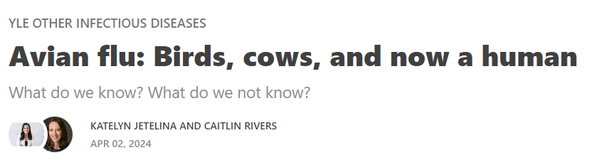 What do we know and don't we know about this avian flu outbreak? Concise, clear, and educational summary from @cmyeaton and @dr_kkjetelina. yourlocalepidemiologist.substack.com/p/avian-flu-bi…