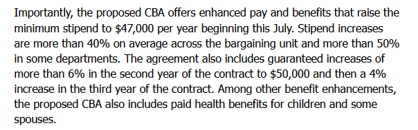 Johns Hopkins raises graduate student salaries to $47000 per year starting July 2024.
The students won this through unionizing and collective bargaining.