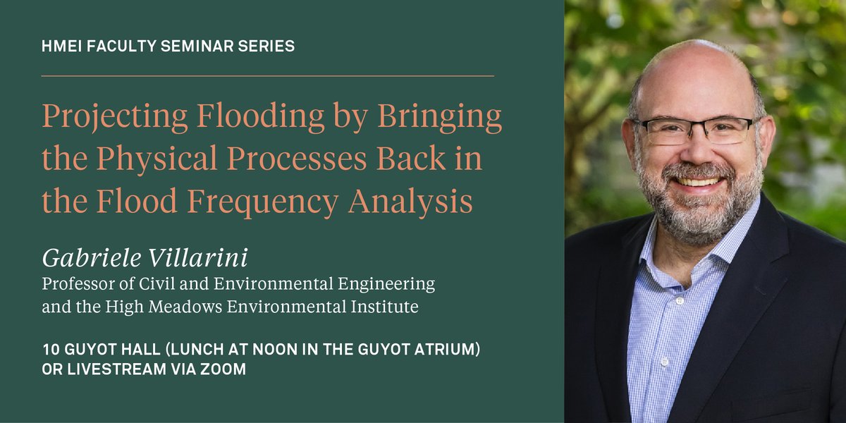 Professor Gabriele Villarini @DrGVillarini will present “Projecting Flooding by Bringing the Physical Processes Back in the Flood Frequency Analysis” TODAY at 12:30 p.m. for our third spring ’24 HMEI Faculty Seminar. 🔗 environment.princeton.edu/event/projecti…