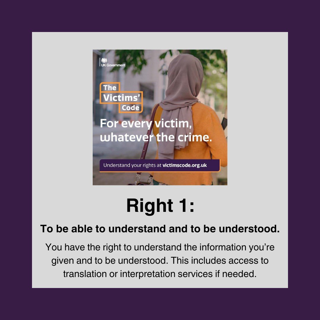 Over the next 12 days, I’ll be amplifying the rights that victims of crime are entitled to under the Victims Code. If you’re a victim, or are supporting a victim, make sure you know these rights ⬇️ victimandwitnessinformation.org.uk/your-rights/as…