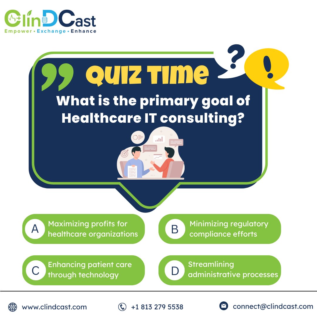 What is the primary goal of Healthcare IT consulting? 

#quiz #quiztime #quizchallenge #quizoftheday #quizcompetition #quizzing #healthcareitconsulting #healthcareit #healthcareconsulting #healthcareconsultant