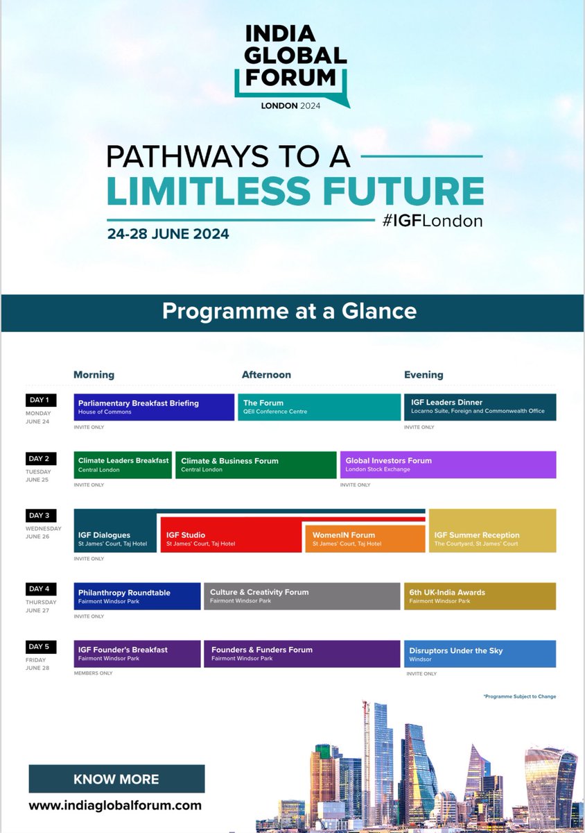 Sharing the India Global Forum London 2024 'Programme at Glance'. More details and how you can participate at indiaglobalforum.com #IGFLondon #UKIndiaWeek @IGFupdates