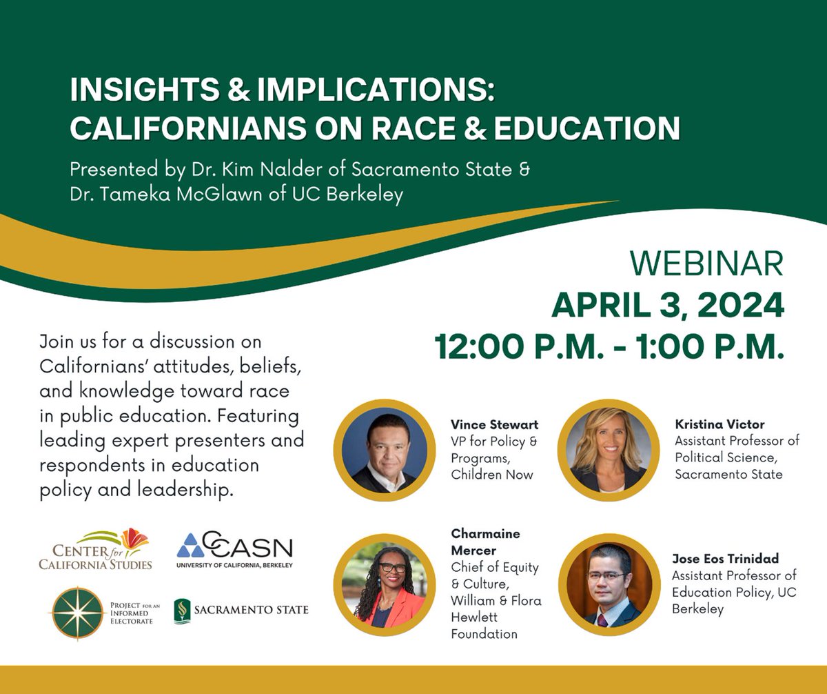 TOMORROW: Join a discussion on Californians’ attitudes, beliefs, and knowledge toward race in public education. Featuring NEW polling data and leading expert presenters. Register today at this link: csus.zoom.us/webinar/regist… #caedu #cahighered #caleg