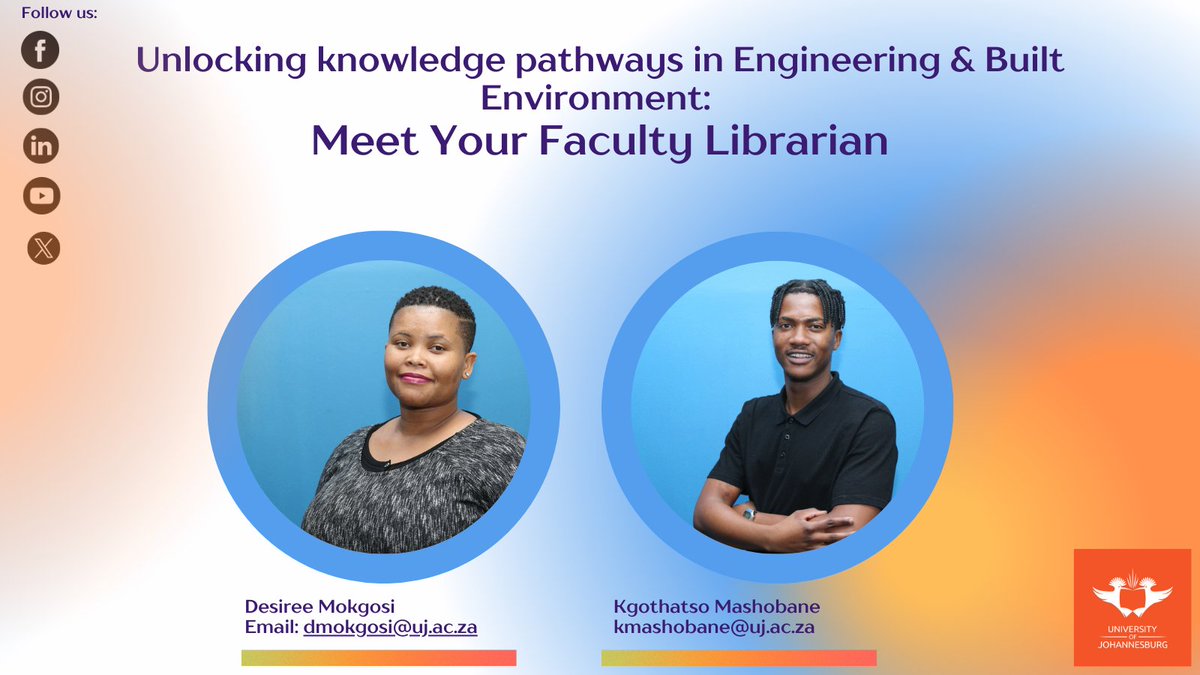 #UJLibrary - Unlocking knowledge pathways in Engineering & Built Environment: Meet Your Faculty Librarian! Click here for all your research assistance, subject guides and useful resources: uj.ac.za.libguides.com/?group_id=12168