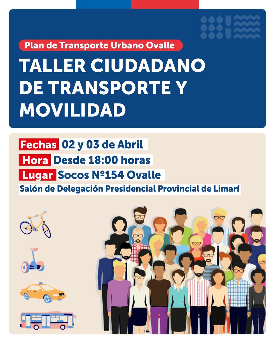 ¡Recuerda!👉 Este 02 de abril se realizará en #Ovalle el primer taller ciudadano para dialogar sobre el Plan de Transporte Urbano de la comuna. 

¡Te esperamos! Esta instancia permitirá conocer tu opinión  sobre cómo optimizarías la movilidad en la ciudad. 
🚍🚕🚘🚶🏽🚴‍♂️

➕info 👇