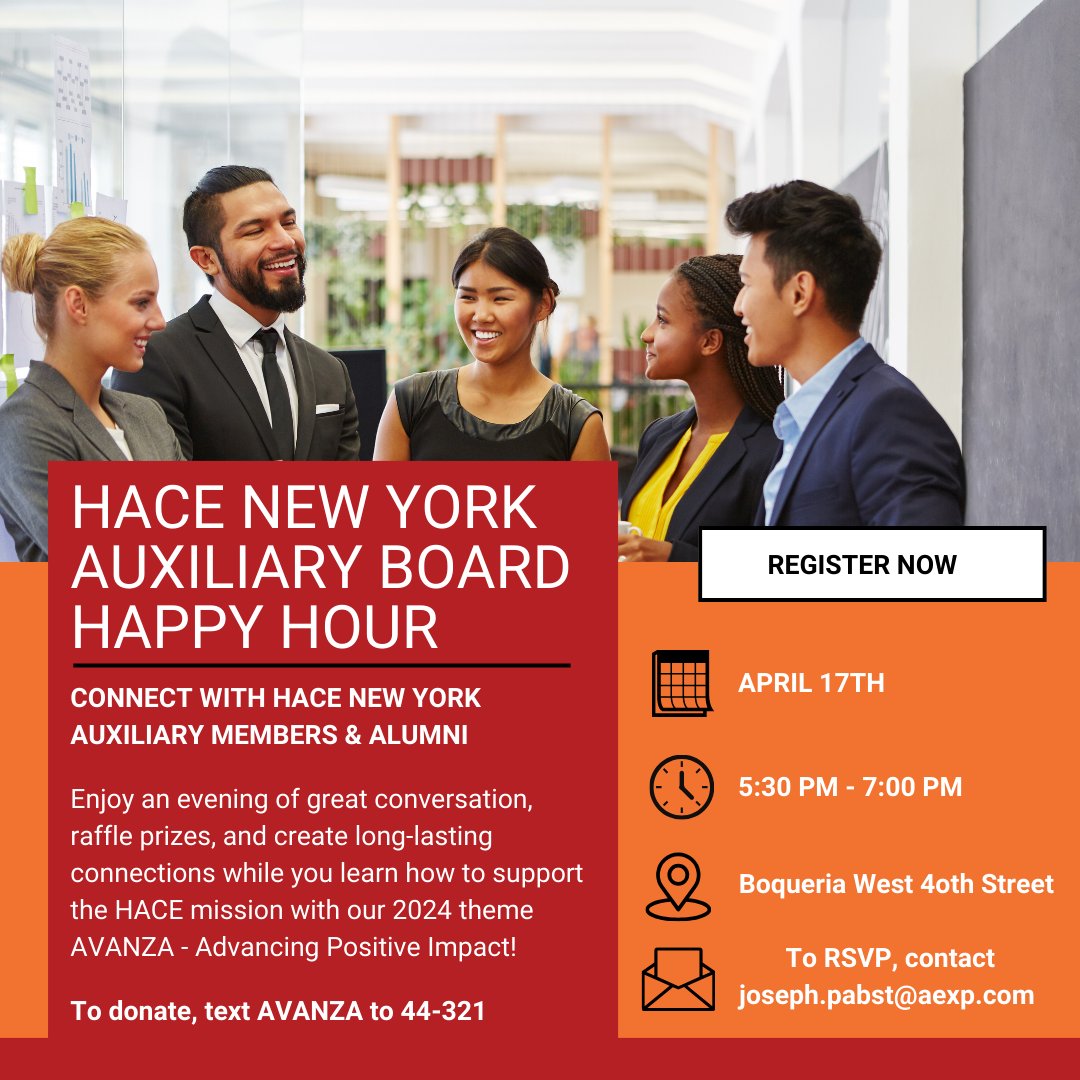 Join the New York Auxiliary Board for Happy Hour on Wednesday, April 17th! 
Don't miss out on this fantastic opportunity to expand your professional circle with the HACE Community and build valuable relationships.
➡️Register here: hubs.la/Q02rdsQy0